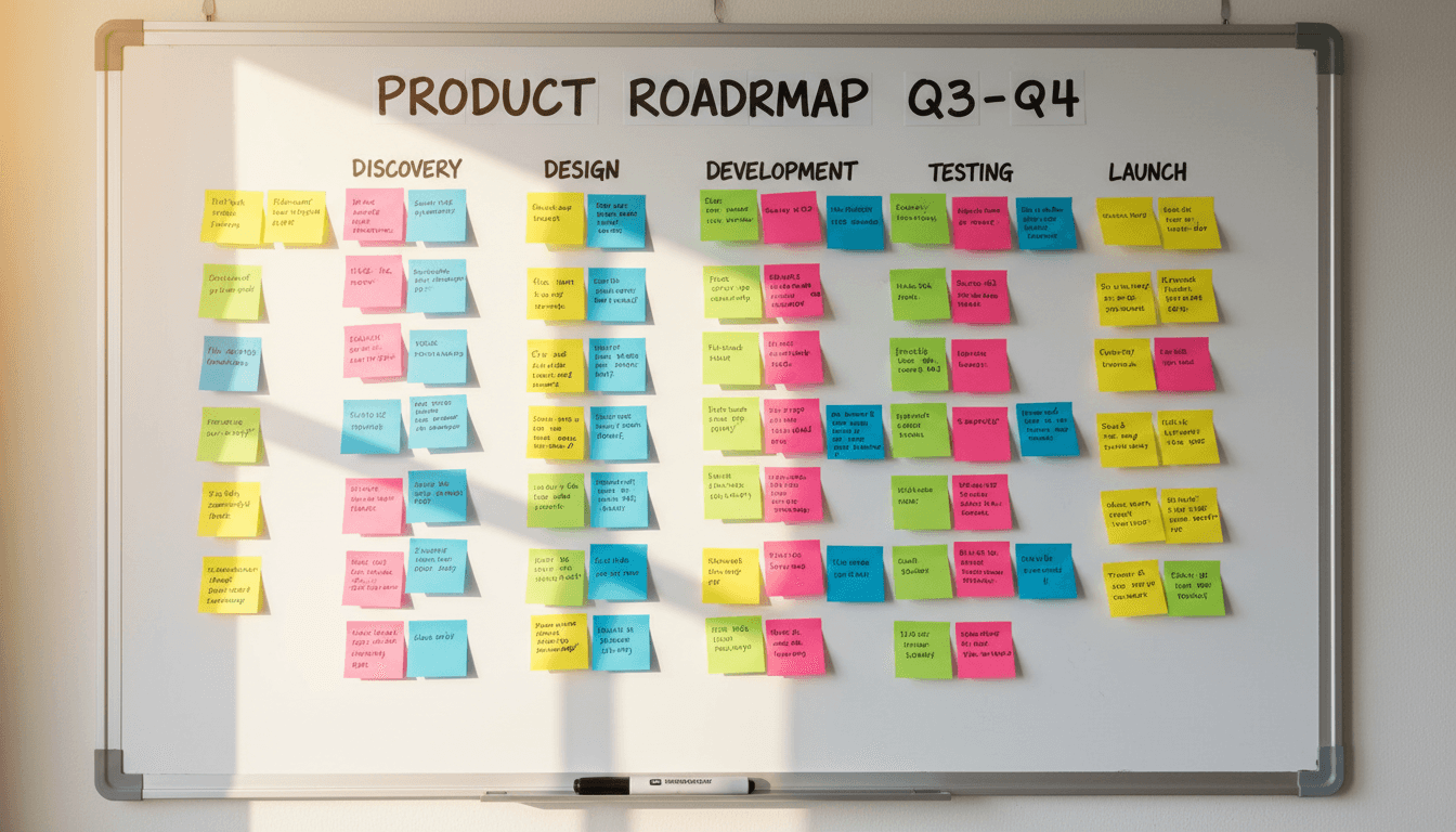 Whiteboard with product roadmap sticky notes