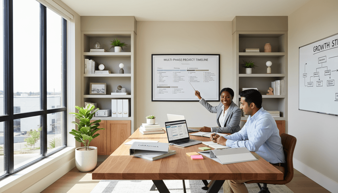 Consultant leading a product roadmap planning session in a bright Denver office