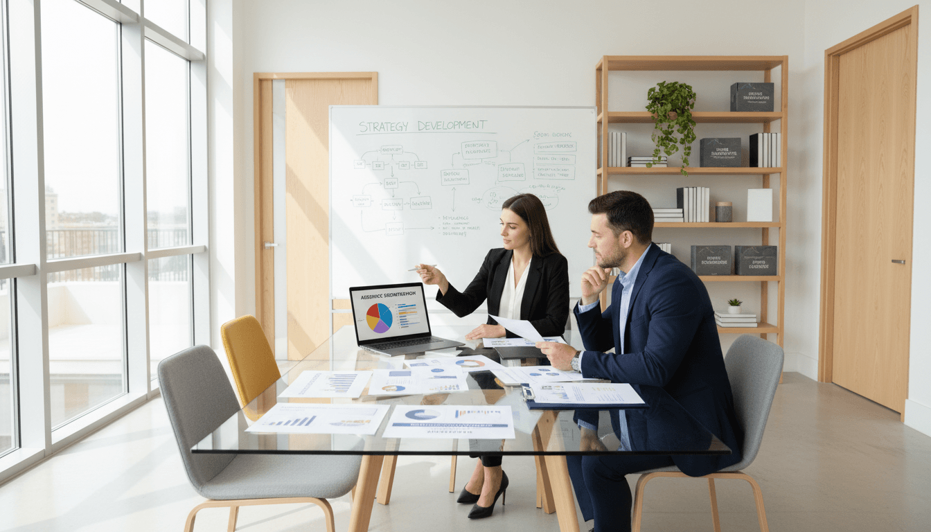 Product management consultant reviewing a roadmap with a client in an office